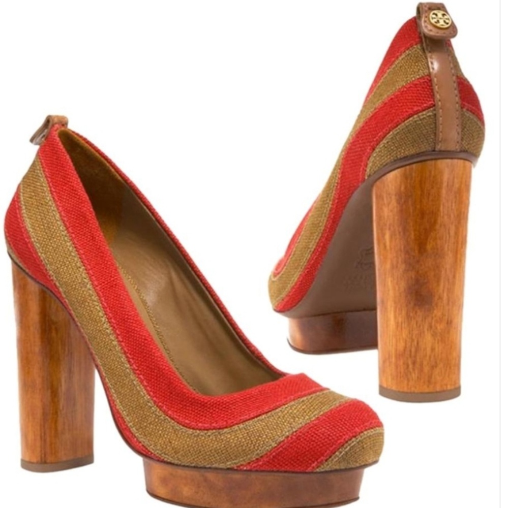 ❗SOLD❗Tory Burch Joelle Platform Linen Block Pumps - Picture 1 of 8